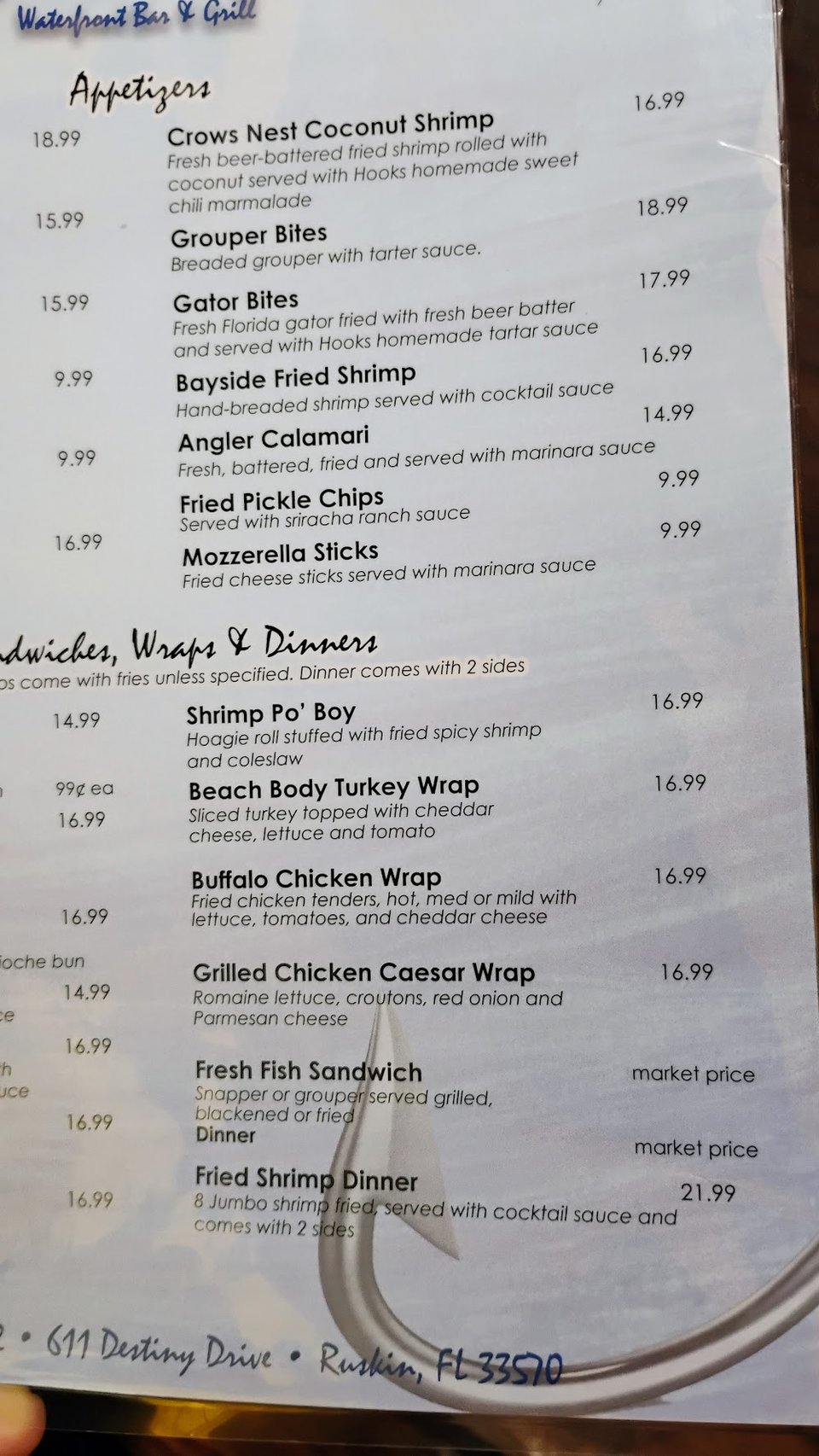 Casual menu for a waterfront bar and grill.